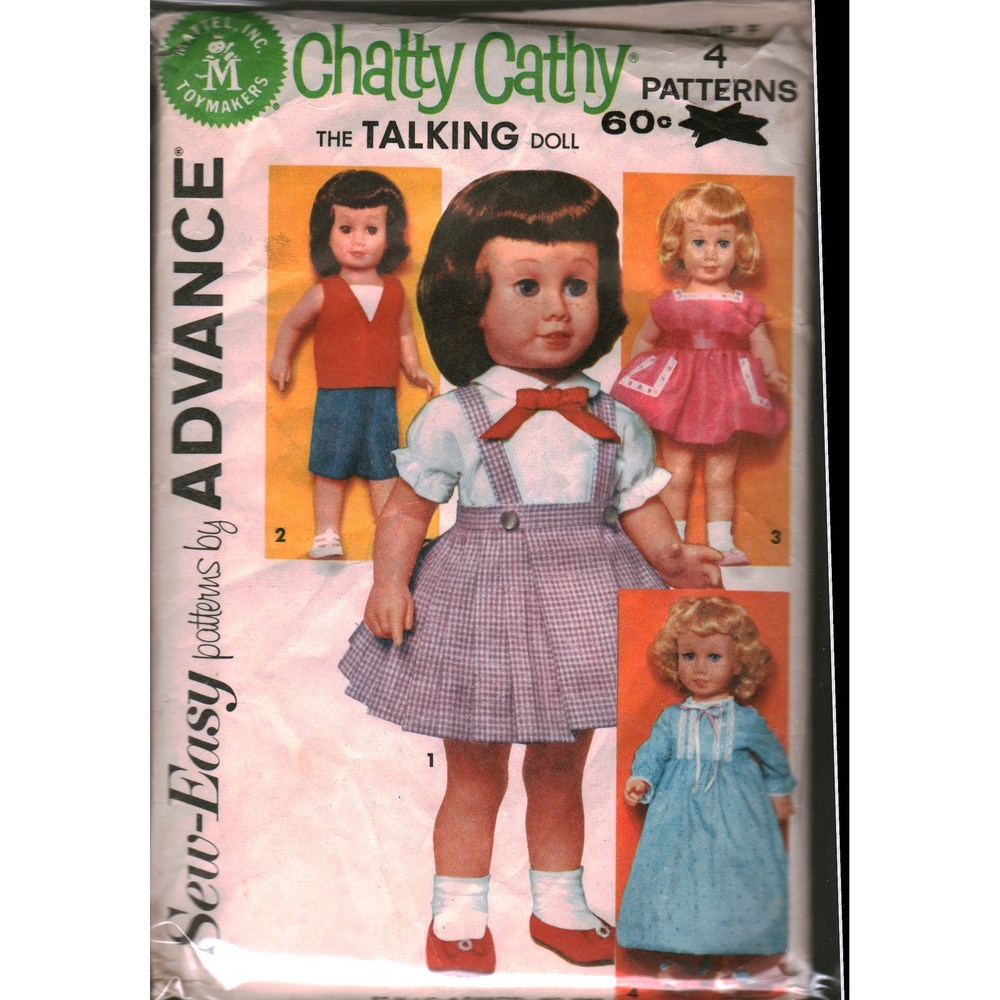 Vintage Advance Chatty Cathy Doll Sewing Pattern 4 Outfits Dress Nightgown 1960s